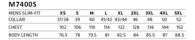 A size chart for men’s slim-fit shirts showing collar, chest, and body length measurements in centimetres.
