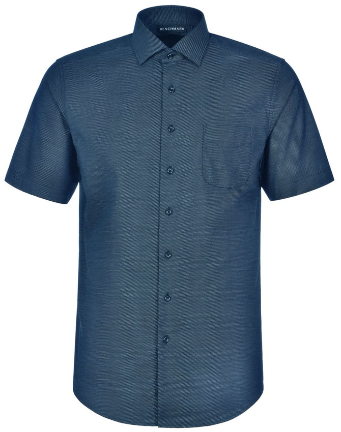 A short-sleeved blue button-up shirt featuring a pin dot pattern and a single chest pocket. It has a logo on the collar.