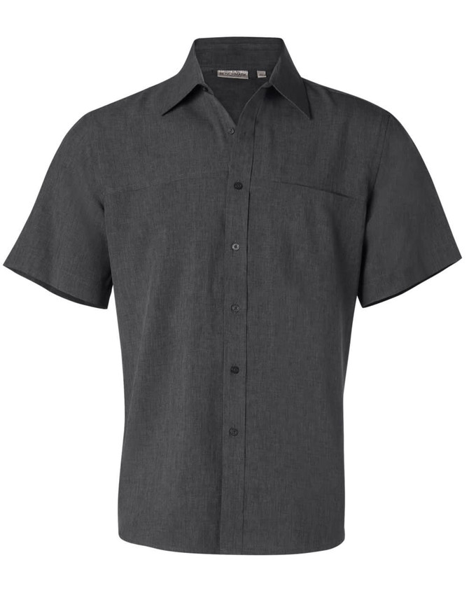 A short sleeve men's shirt in dark grey, featuring a collar and front buttons, with a logo on the label.