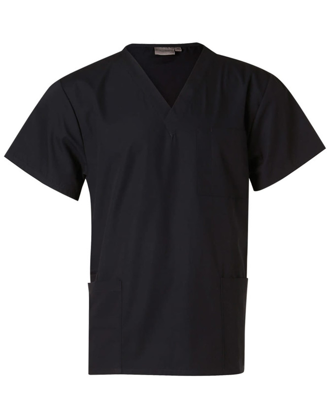 A black unisex short sleeve tunic top with a V-neck and two side pockets. It has a logo on the label.