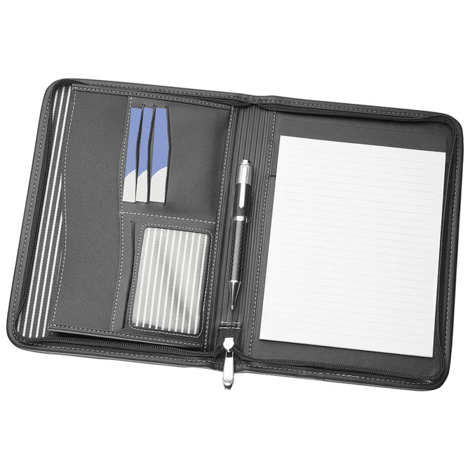 A5 zippered compendium in black with pockets for cards and a pen, featuring lined paper inside.