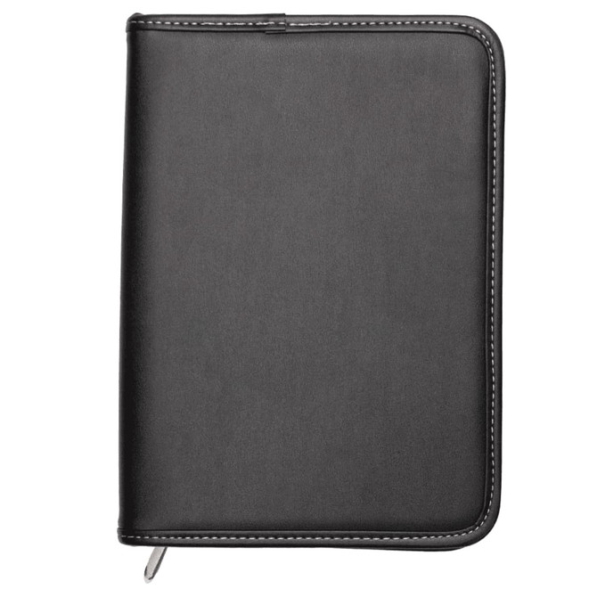 A5 zippered compendium in black with a stitched edge, featuring a logo on the front.