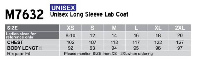 A unisex long sleeve lab coat in white, featuring a size chart with measurements for various sizes.