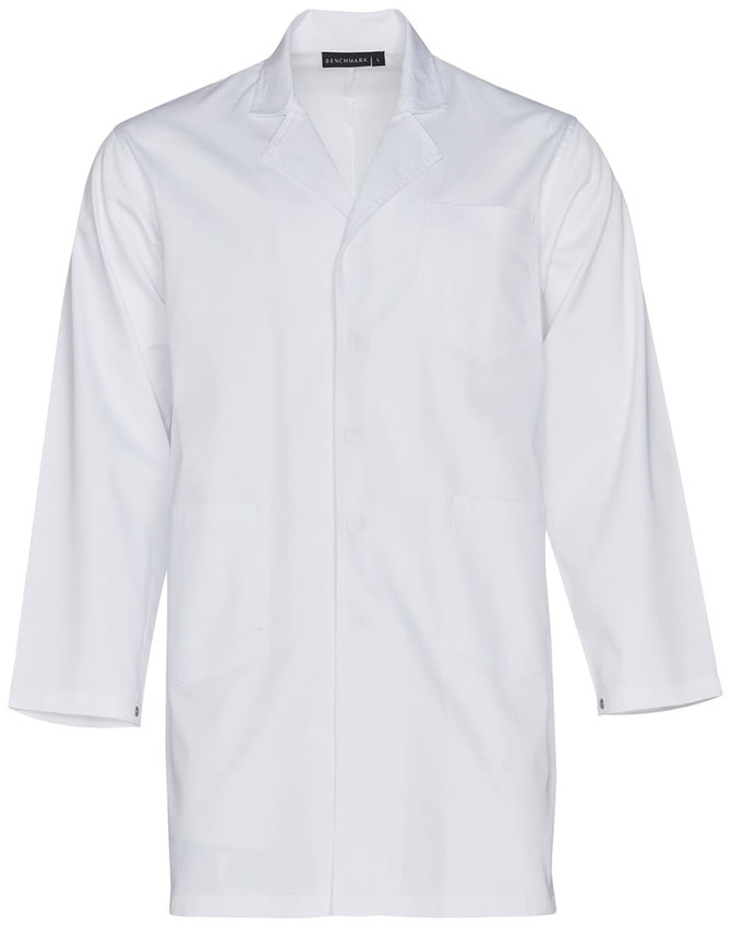A white unisex long sleeve lab coat featuring a pocket and a logo on the collar.