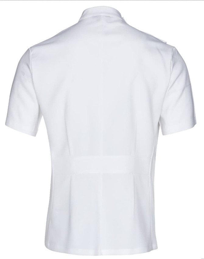 A white short sleeve jacket with a stud front design, featuring a sleek, tailored look and no visible logos.