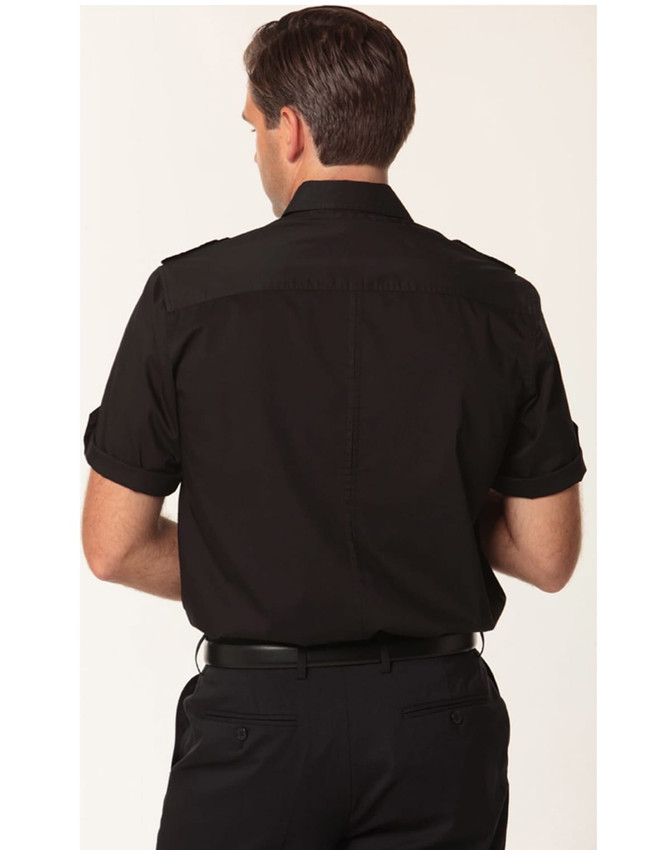 A men's short sleeve military shirt in black, featuring a button-up design and rolled sleeves. It has a logo.