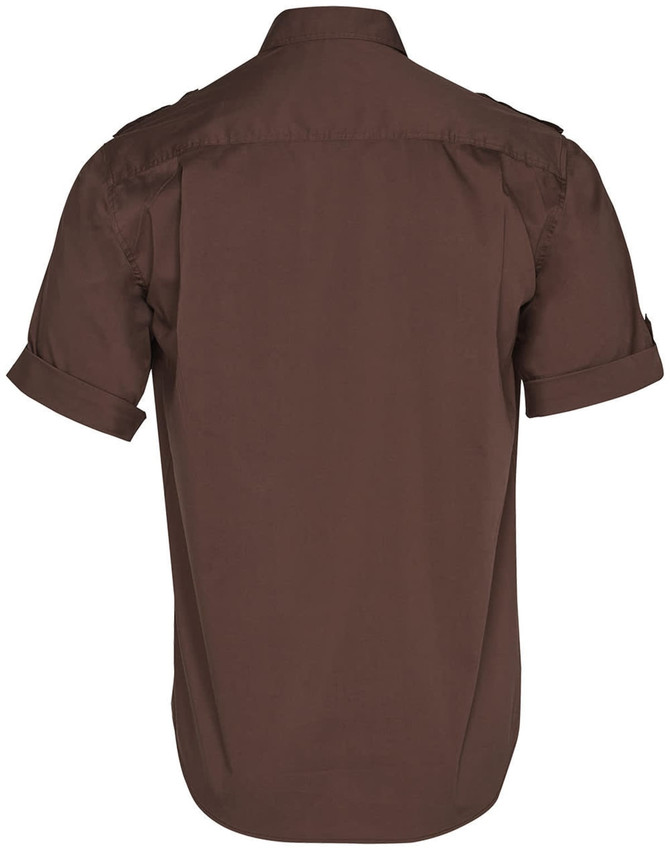 A brown men's short sleeve military shirt with rolled-up sleeves and a logo on the back.