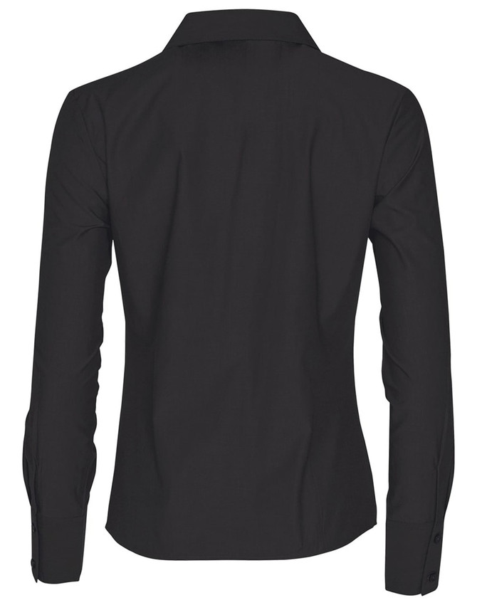 A black women's long sleeve button-up shirt featuring a fitted design and a collar, with a logo on the back.