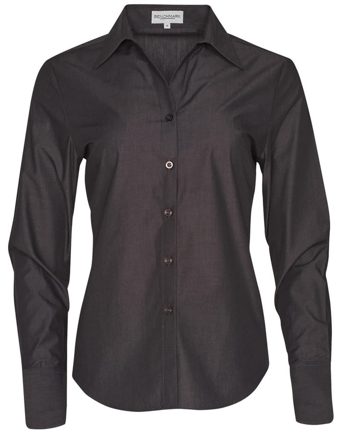 A black long sleeve button-up shirt for women, featuring a collar and a logo on the label.