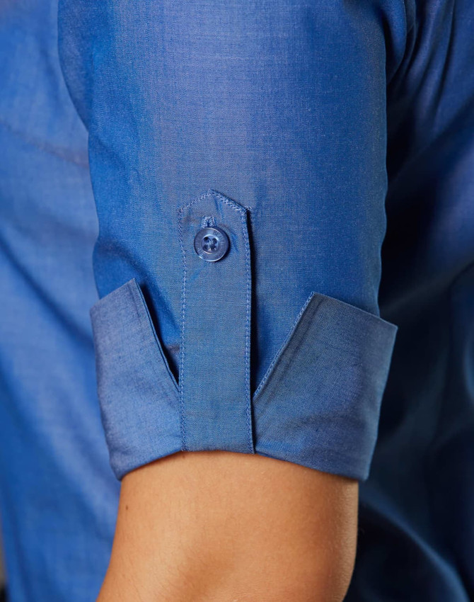 A blue women's button-up shirt featuring 3/4 sleeves with button details and a sleek finish.