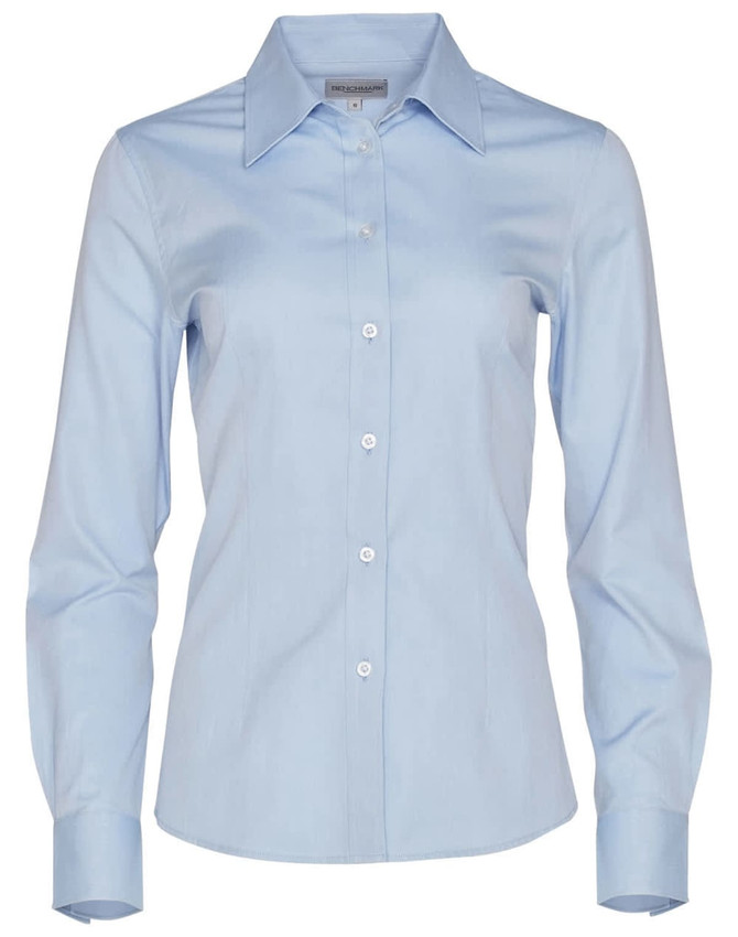 A light blue women's long-sleeve button-up shirt with a collar and button front, featuring branding.