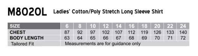 A table displaying sizing information for a women's cotton/poly stretch long sleeve shirt in various sizes.