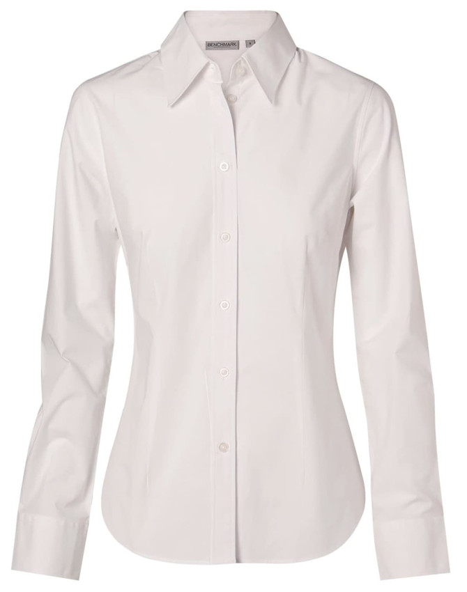 A white women's fine twill long sleeve button-up shirt with a collar and logo on the label.