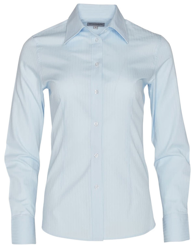 A light blue women's self-stripe long-sleeve button-up shirt with a collar and a logo.