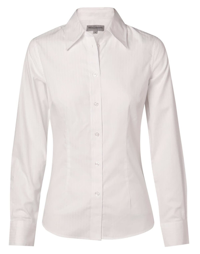 A white women's long-sleeve button-up shirt with self-stripes and a collar, featuring a branded label.