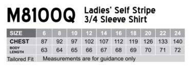 A table displaying size measurements for a women's self stripe 3/4 sleeve button-up shirt in various sizes.
