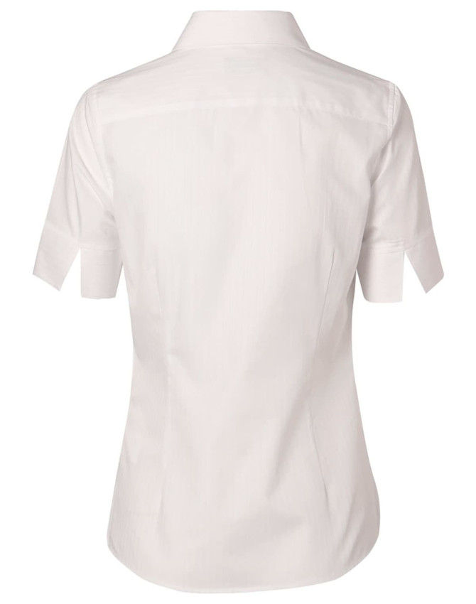 A women's short-sleeve button-up shirt in white with a self-stripe pattern and a logo on the back.
