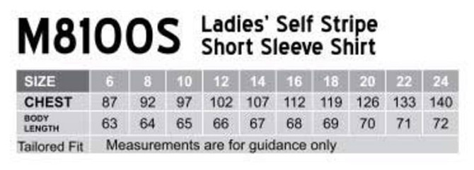A chart displaying size measurements for a women's self stripe short sleeve shirt, including chest and body length details.