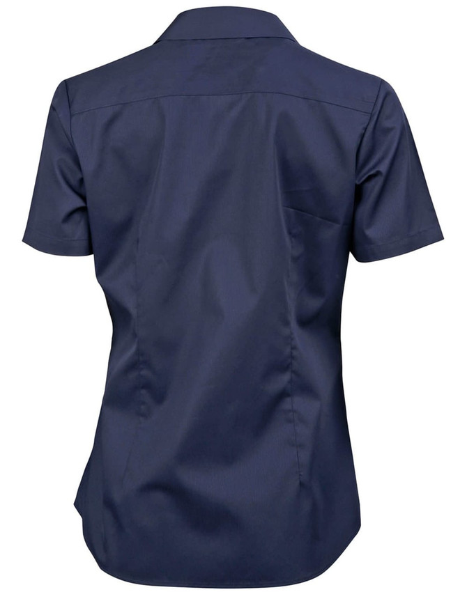 A navy button-up shirt with short sleeves and a dobby striped design on the back. Features a small pocket.