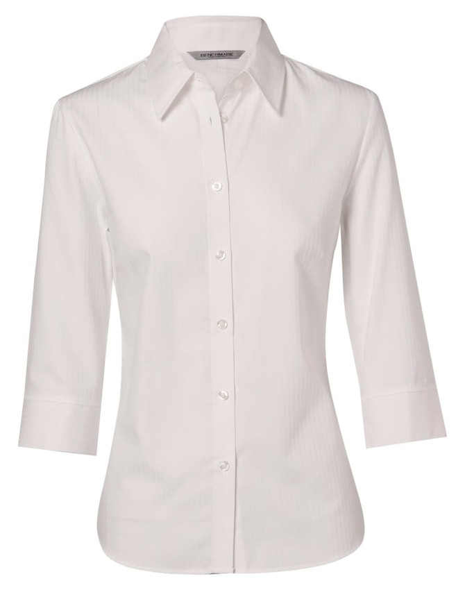 A white women's button-up shirt with a mini herringbone pattern and 3/4 sleeves. Features a collar and buttons down the front.