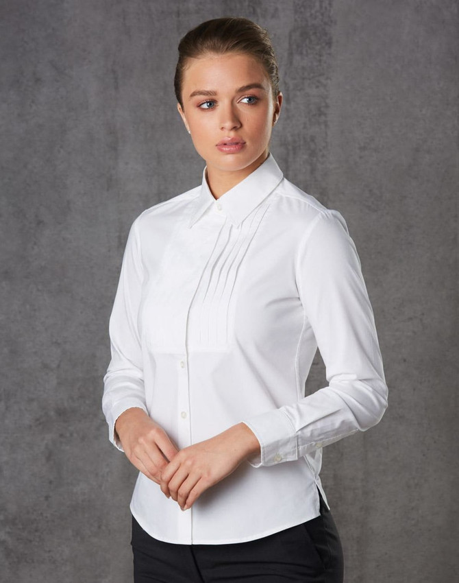 A white long sleeve button-up shirt with a tuck front design, featuring a branding logo.