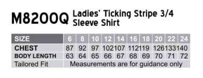 A chart displaying sizing and measurements for a women's ticking stripe 3/4 sleeve button-up shirt with a tailored fit.
