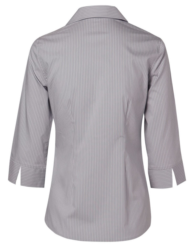 A women's button-up shirt featuring a grey and white ticking stripe design with 3/4 sleeves and a collar.