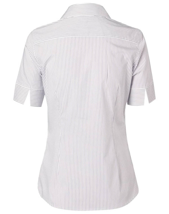 A short-sleeved women's shirt in white with blue ticking stripes, featuring a collared neckline and a fitted design.
