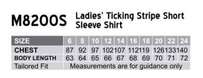 A chart displaying sizes and measurements for a women's ticking stripe short sleeve shirt in a tailored fit.