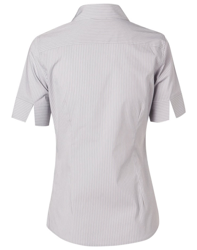 A short-sleeved women's button-up shirt in light grey with white ticking stripes, featuring a branded logo.
