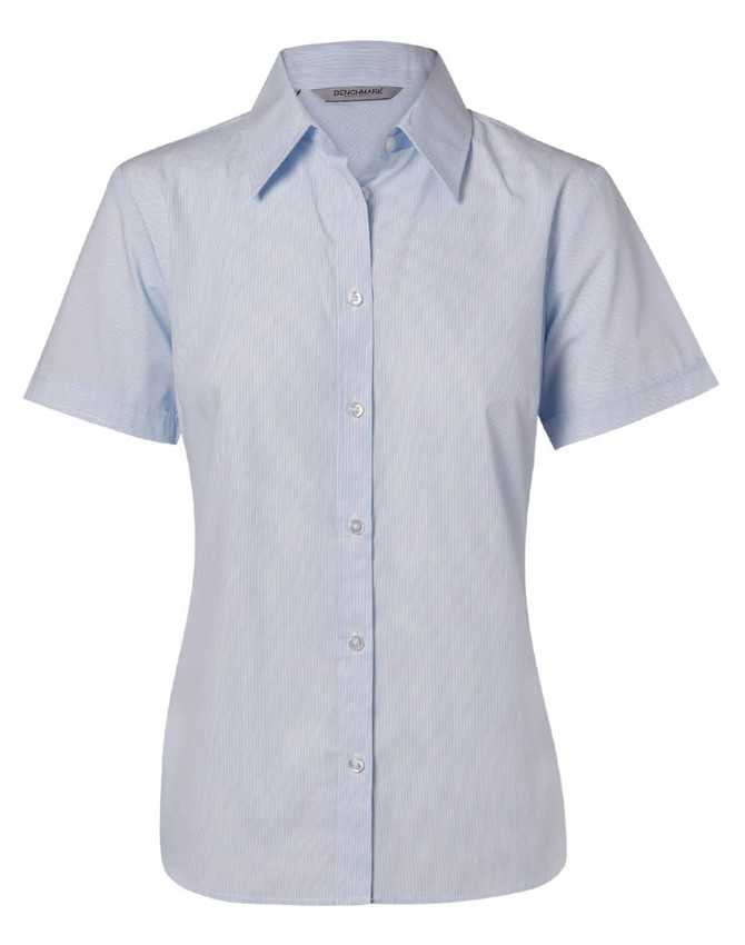 A light blue women's button-up shirt with short sleeves and a fine stripe pattern. It features a collar and buttons down the front.