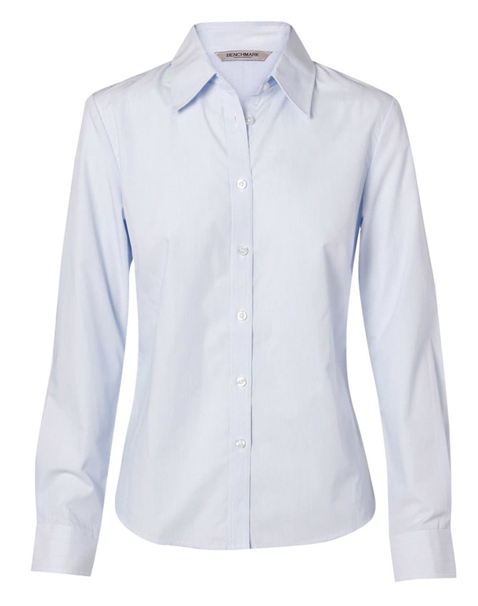 A light blue, fine stripe long sleeve button-up shirt for women, featuring a collar and button front.