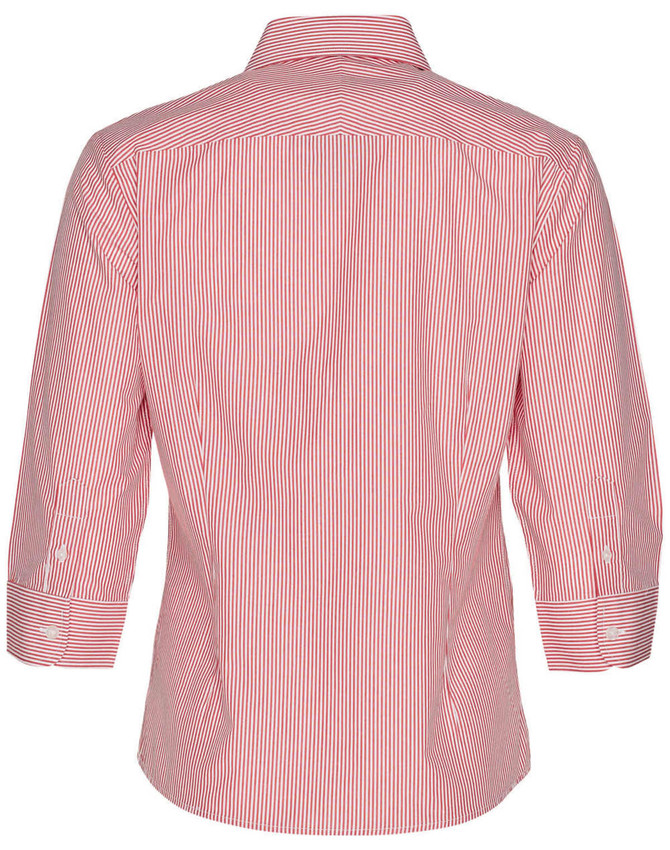 A women's 3/4 sleeve button-up shirt featuring red and white stripes, with a classic collar and a logo.