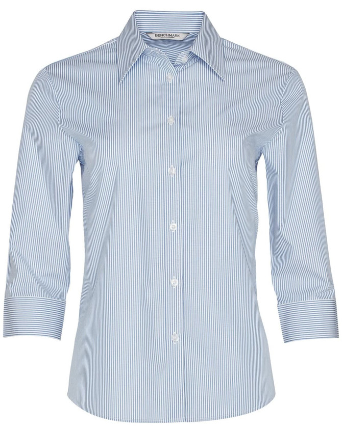 A light blue and white striped women's button-up shirt with 3/4 sleeves and a pointed collar. Features a logo.
