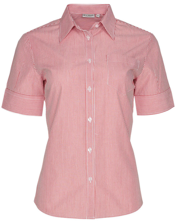 A women's short sleeve button-up shirt featuring red and white stripes and a pocket, with a branding logo.