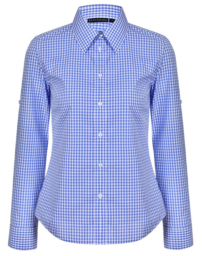 A blue and white gingham check long-sleeve button-up shirt with roll-up sleeve option and a collar.