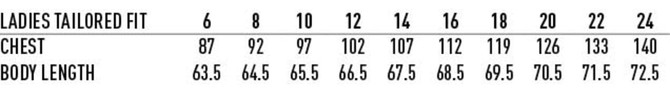 A table listing measurements for ladies' tailored fit shirts, including chest and body length sizes in Australian units.