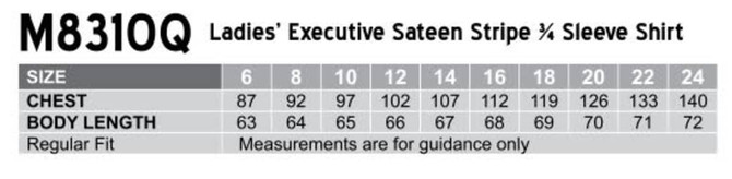 A chart displaying size measurements for a women's sateen stripe 3/4 sleeve shirt in various sizes.