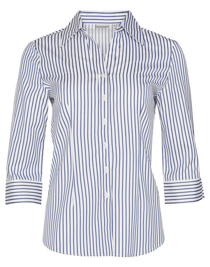 A women's button-up shirt featuring blue and white sateen stripes with 3/4 sleeves and a collar.