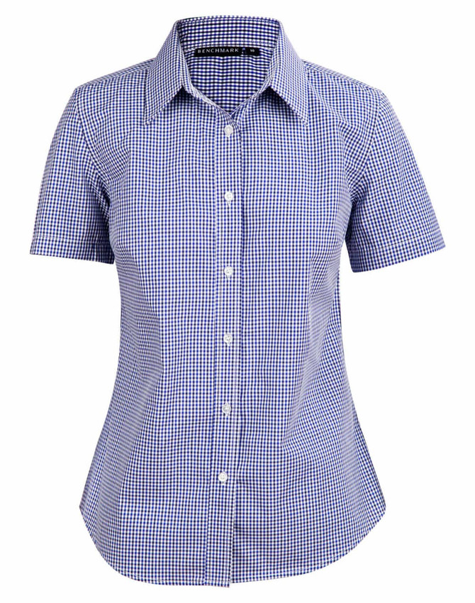 A ladies' short-sleeve button-up shirt featuring a blue and white check pattern, designed with a fitted shape.