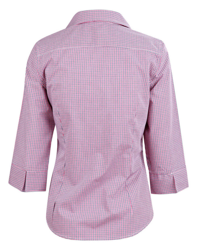 A back view of a ladies' two-tone mini check shirt in red and white with 3/4 sleeves and a collar.