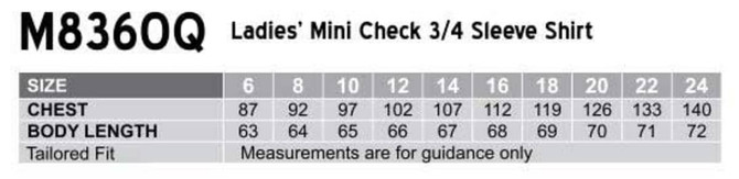 A table displaying sizing information for the Women's Mini Check 3/4 Sleeve Shirt in various measurements.