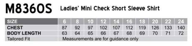 A chart detailing sizes, chest measurements, and body lengths for the Women’s Mini Check Short Sleeve Shirt.