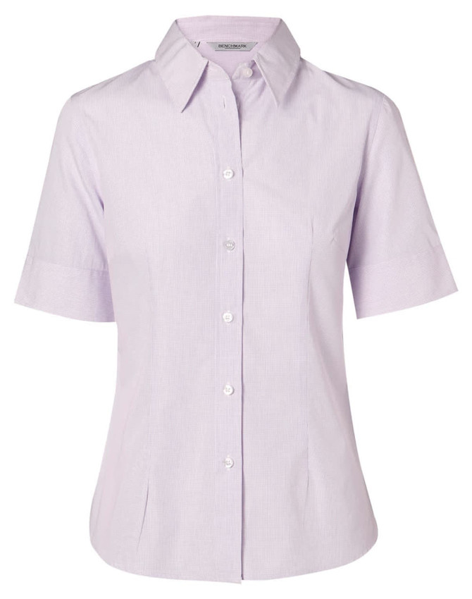 A women's short-sleeved button-up shirt in a light lavender mini check pattern, featuring a collar and a fitted silhouette.