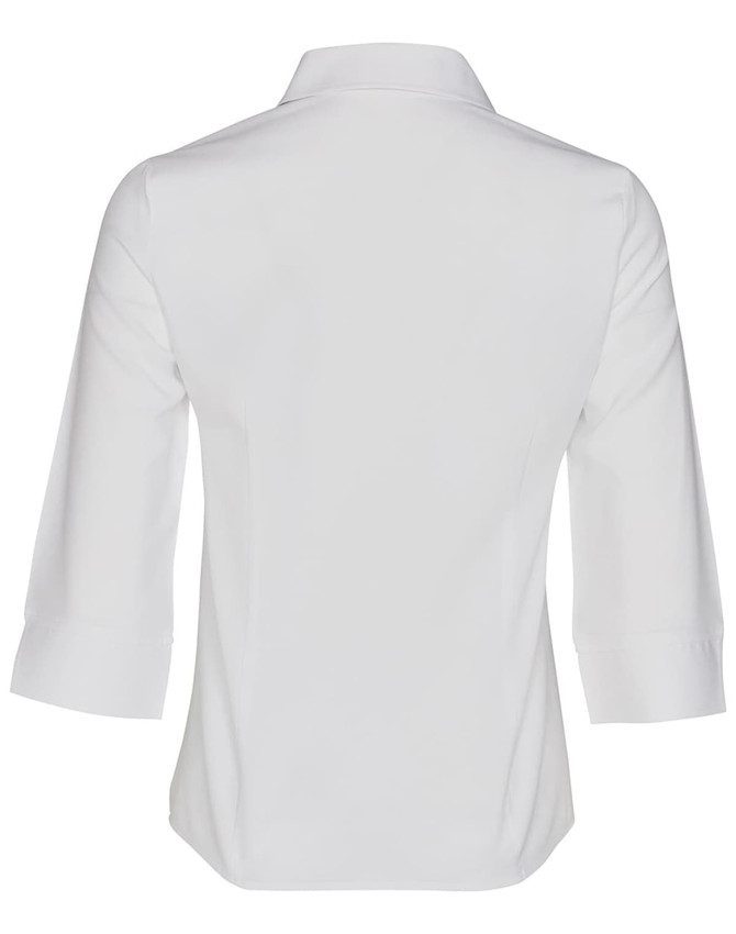 A white women's Cooldry 3/4 sleeve shirt with a collar and a plain design, featuring a branding logo.