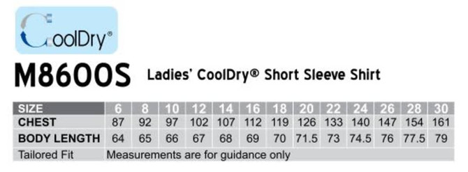 A chart displaying sizes, chest measurements, and body lengths for a women's Cooldry short sleeve shirt.