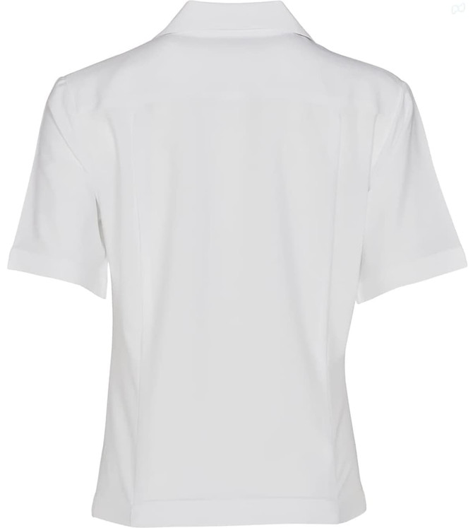 A white short sleeve overblouse with a collar, featuring a logo and a neat back design.