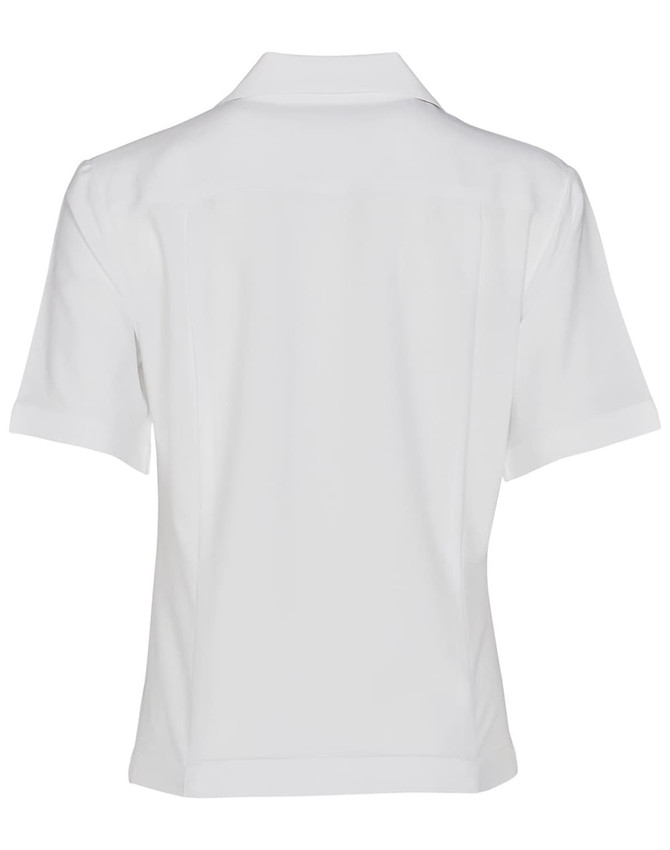 A white short sleeve overblouse with a collar, featuring a logo and a neat back design.