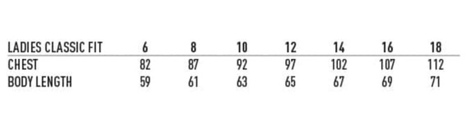 A size chart for women's classic fit shirts, detailing measurements for chest and body length in various sizes.