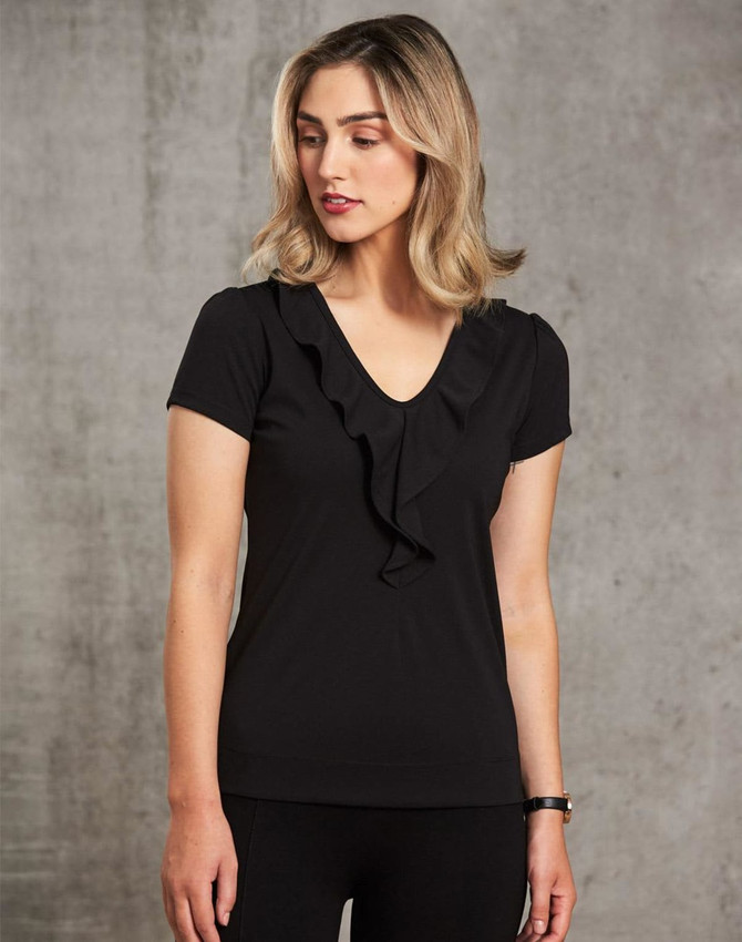 A black women's ruffle front blouse featuring a V-neck and short sleeves, styled with a subtle ruffle detail.